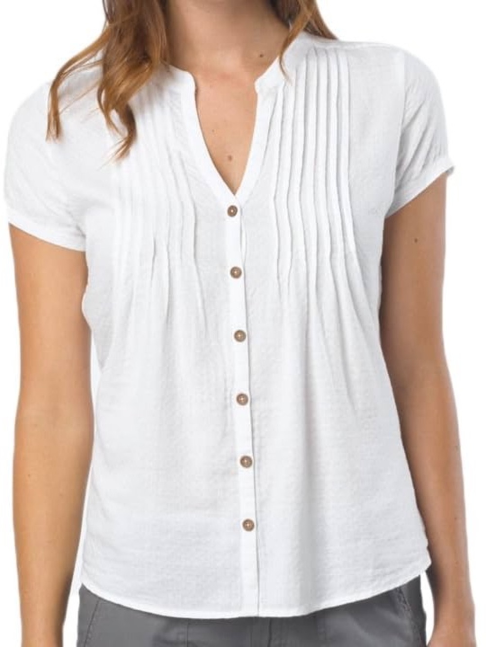 Prana Ellie Top White Short-Sleeve Pintuck Button Front Top Mandarin Collar Y2K - Picture 1 of 9